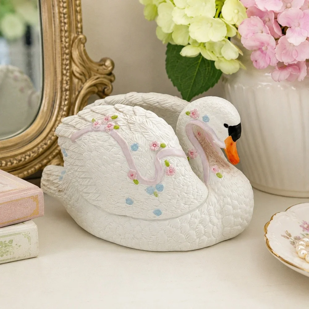 VTG 1986 ENESCO White Swan Figurine Card Holder Floral Cottagecore Decor Korea